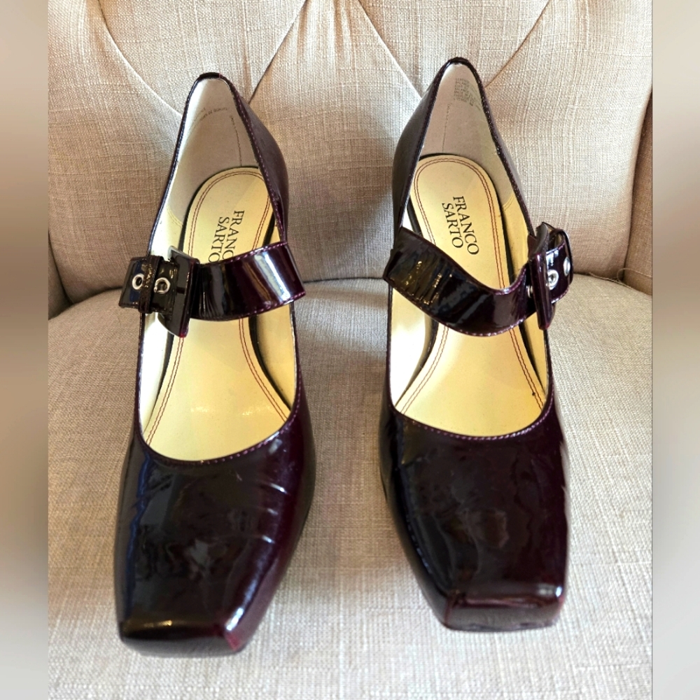 Size 9 Franco Sarto Mary Jane Burgundy Patent Leather Heels Party Formal